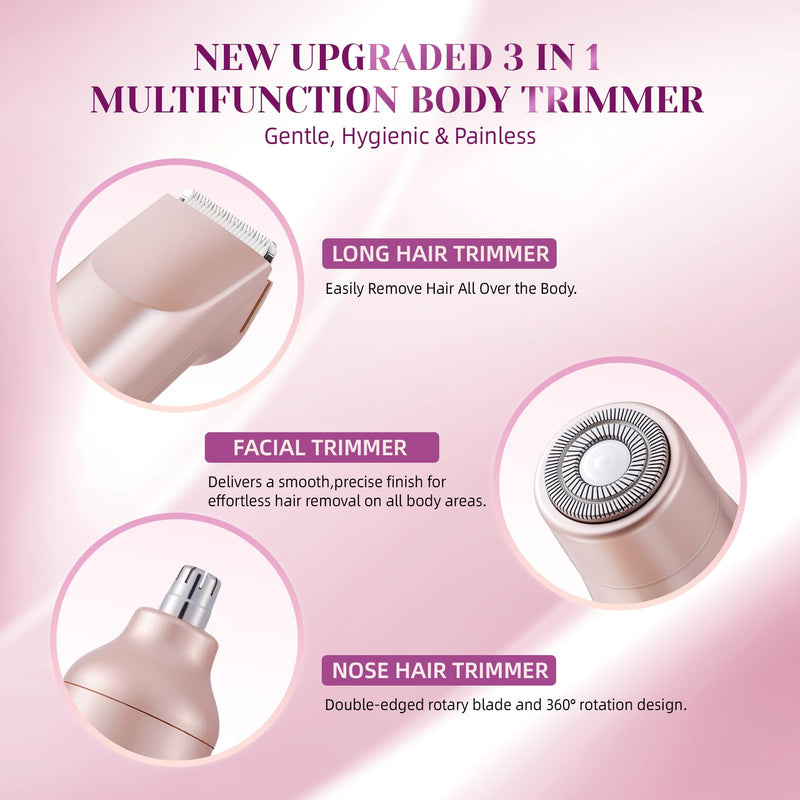 [Australia] - Bikini Trimmer for Women，3 in 1 Electric Razor with Ceramic Blades, IPX7 Waterproof, USB Rechargeable, Painless Hair Removal for Face，Body，Bikini Area, Travel Grooming Kit (Rose Gold) Rose Gold 