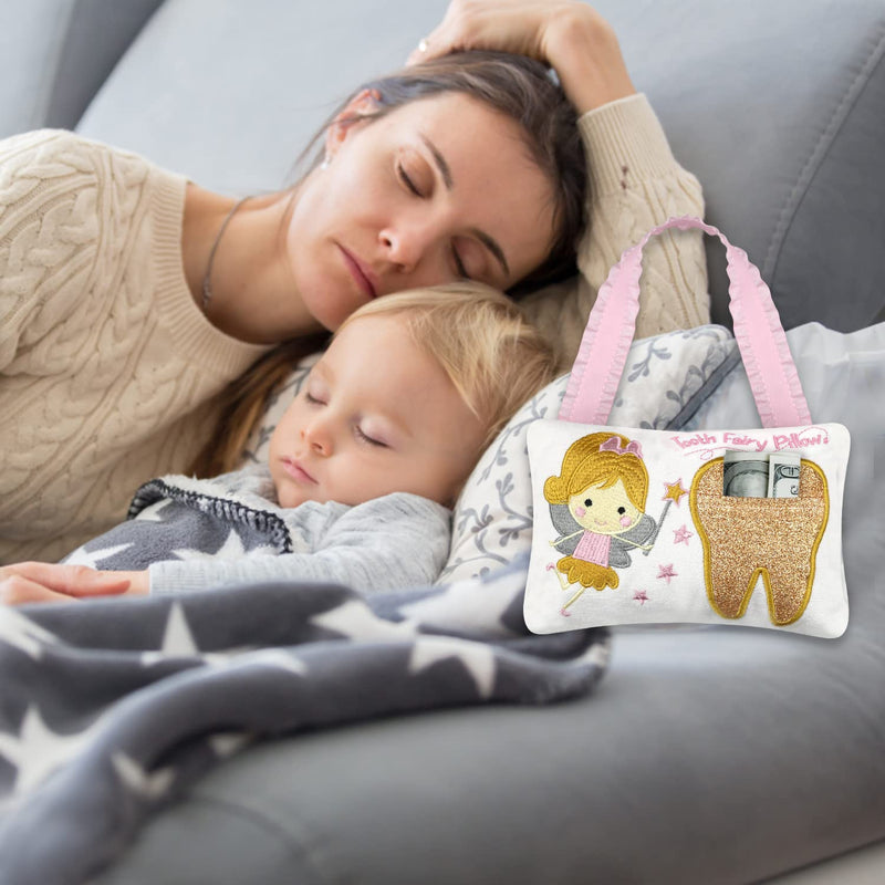 [Australia] - Tooth Fairy Pillow Embroidery Cartoon Fairy Gold Tooth Pocket with Gift Box Tooth Fairy Souvenir Children Gift for Girl Boy (Gold) 