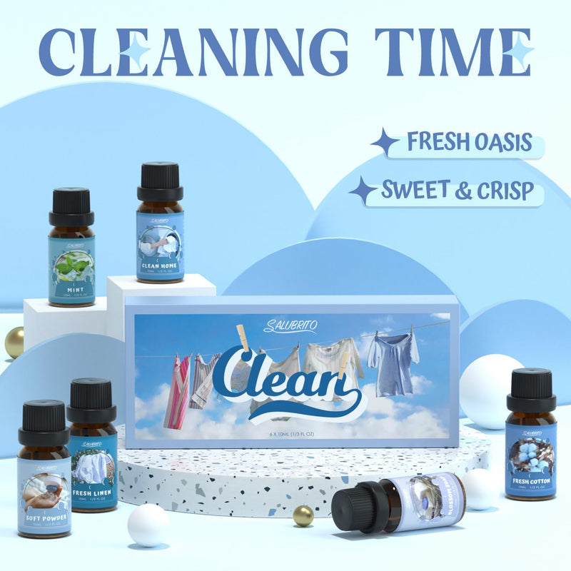 [Australia] - SALUBRITO Clean Fragrance Oils Set, Premium Essential Oils Set for Diffuser, Candle, Soap Making, Fresh Cotton, Clean Home, Fresh Linen, Soft Powder, Blossom Soap, Mint, Strong Scented Oils 