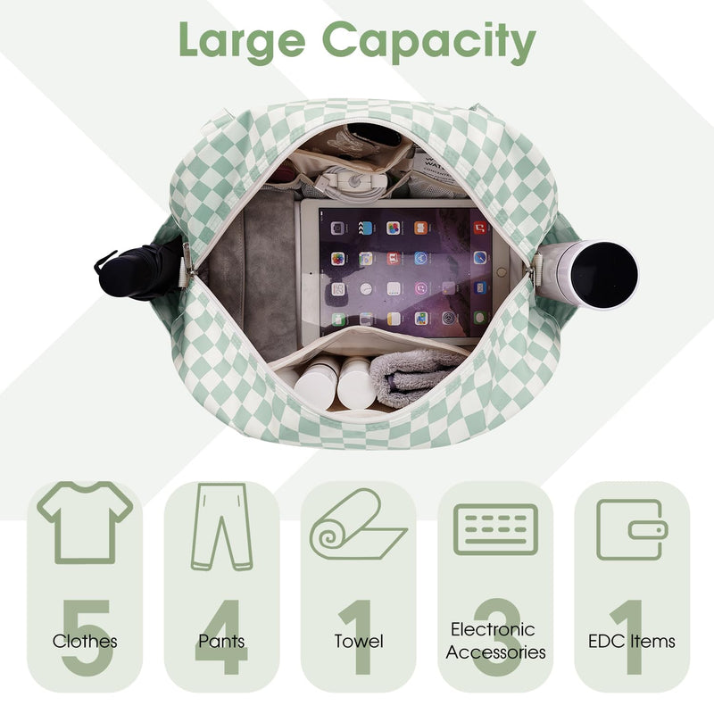 Narwey 18" Carry on Bag Underseat for Airplane with Wet Pocket Frontier Airlines Personal Item Bag Travel Duffel Bag Small Gym Bag Weekender Overnight for Women and Men (Mint Green Checkerboard) Z-Mint Green Checkerboard Small without laptop compartment