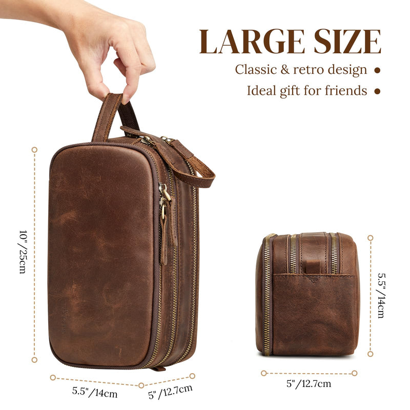 S-ZONE Leather Travel Toiletry Bag for Men Women Cosmetic Shaving Bags | Vintage Top Grain Leather, Multi Compartments, Bronze Hardware, Compact Dopp Kit Dark Brown