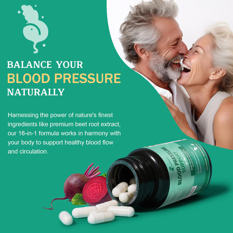 [Australia] - 16-in-1 Blood Pressure Supplements with 500mg Beetroot Powder - Nitric Oxide Supplement for Healthy Blood Circulation, Heart Healthy & Blood Pressure Support - 120 Vegan Capsules 