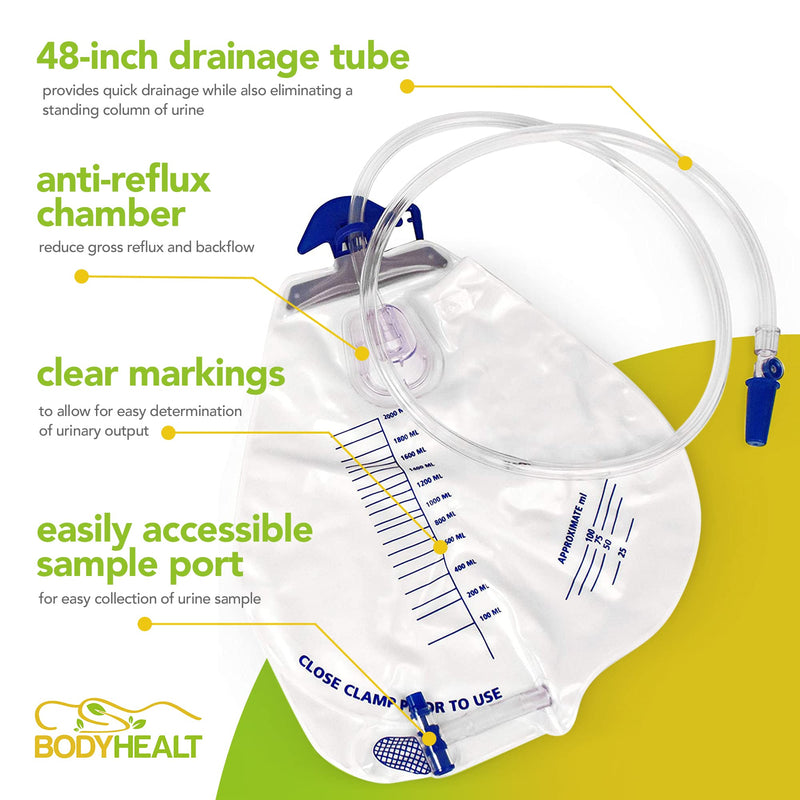 [Australia] - BodyHealt Urinary Drainage Bag with Anti-Reflux Chamber, 2000 mL Vinyl with 48" Drainage (2 Pack) Pack of 2 