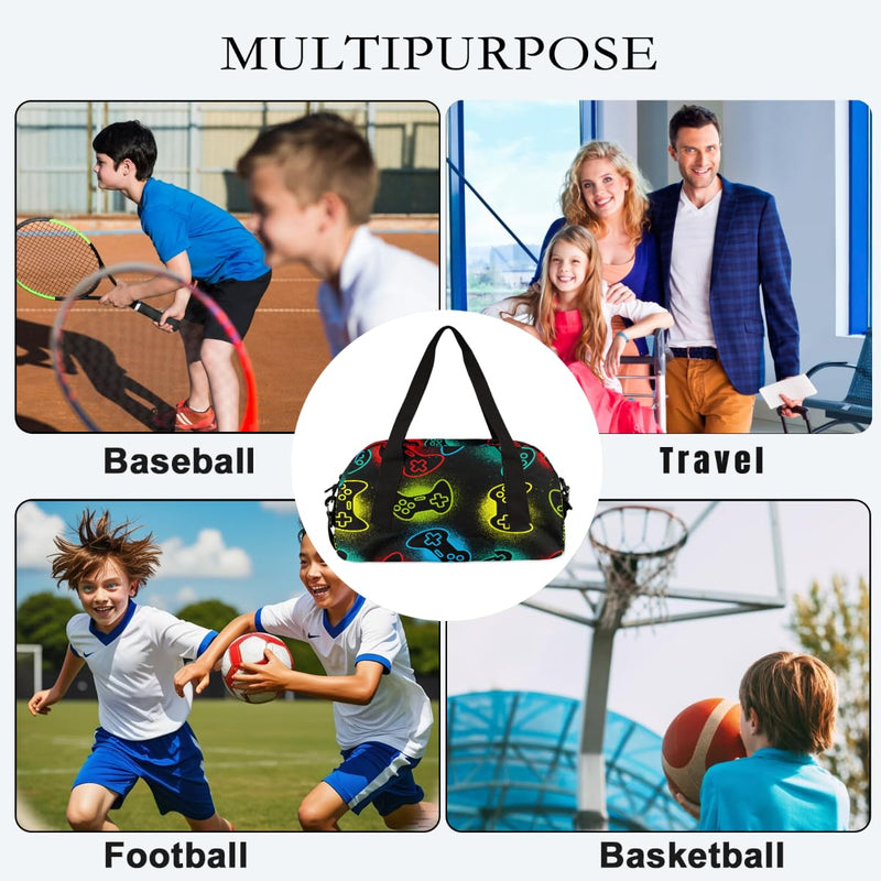 Gym Travel Duffle Bag for Boys - Game Joysticks Kids Overnighter Weekend Bag with Front Zipper Pocket for School Practice, Teens Carry-On Size Sleepover Bags Gamer Gamepad