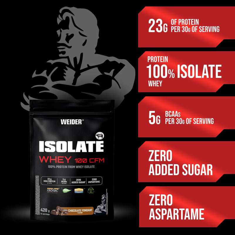 Weider Isolate Whey 100CFM (420g) Chocolate Flavour, Protein 100% Isolate Whey from Isolac®, 23g Protein/Portion, with Digestive Enzymes Digezyme®, No Added Sugar, No Aspartame, Low Fat, 14 Servings CHOCOLATE FONDANT 420g