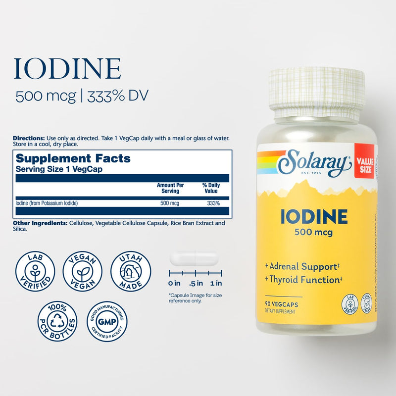 [Australia] - Solaray Iodine 500 mcg, Iodine Supplement for Healthy Adrenal and Thyroid Support, Energy, Metabolism, and Focus, Potassium Iodide, Vegan, 60-Day Money-Back Guarantee, 90 Servings, 90 VegCaps 90 Count (Pack of 1) 