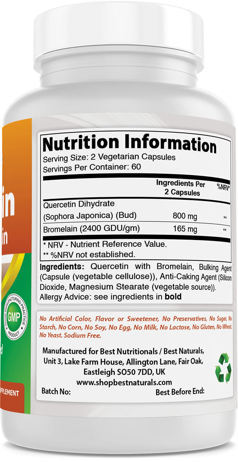Best Naturals Quercetin with Bromelain Veggie Capsule - 800mg of Quercetin & 165 mg of Bromelain (2400 GDU/g), 120 Count (120 Count (Pack of 2))