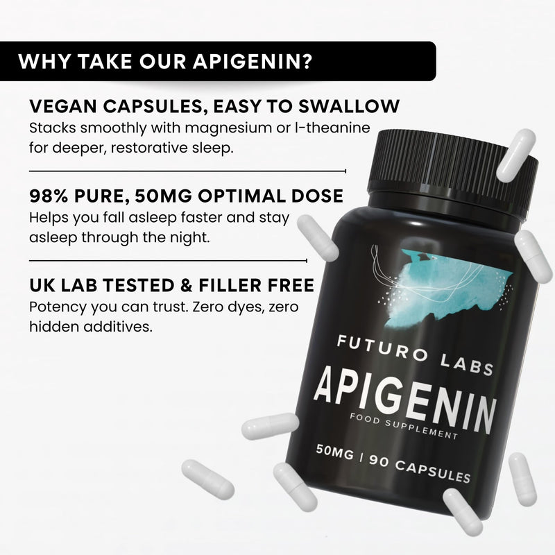 Apigenin 50mg Supplement - Optimal Dosage for Sleep & Relaxation, High Purity, UK Made, Lab Tested, Non-GMO, Natural Apigenin Supplement, 98%+ Purity- (90 Caps/90 Day Supply)