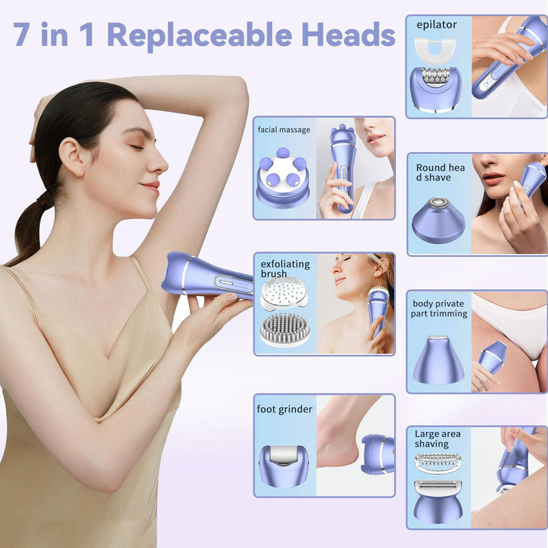 [Australia] - Epilator for Women, 7 in 1 Replaceable Hair Removal & Massager & Cleaner Devices, Bikini Trimmer, Face Massage, Face Exfoliating Brush, Foot Callus Remover, IPX7 Waterproof Razors (Purple) Purple 