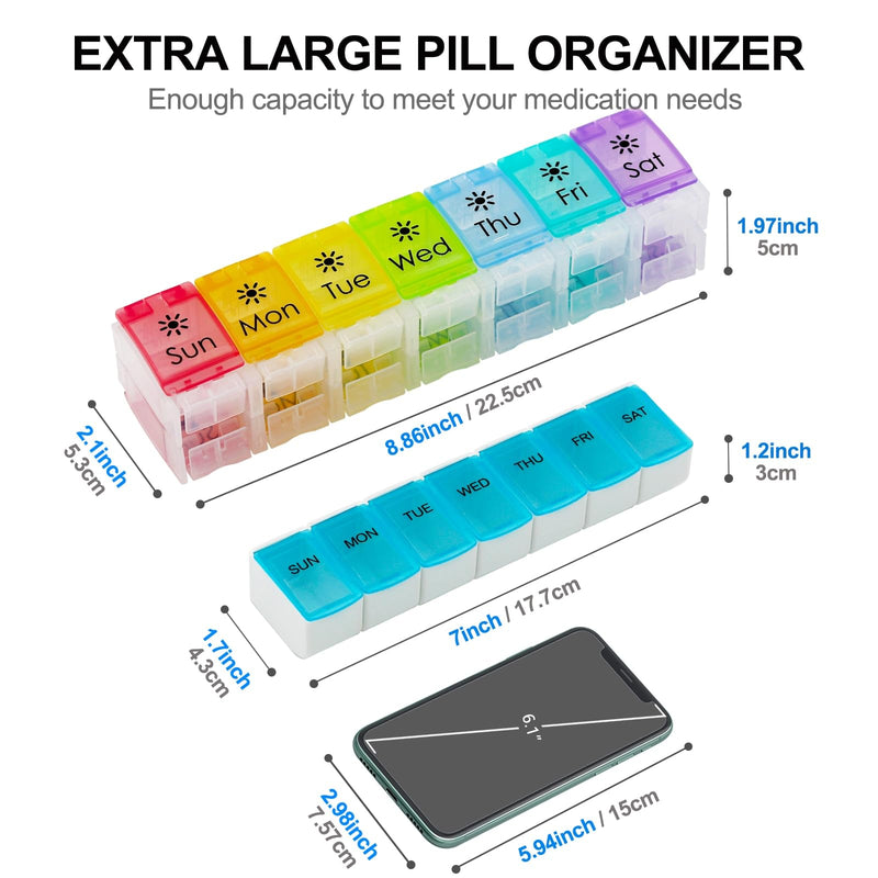 XL Weekly Pill Organizer Twice a Day, Arthritis Friendly (C&R) | AM PM Travel 7 Day Pill Box Case, Large Pill Case to Hold Vitamins, Fish Oil,Supplements and Medication Clear