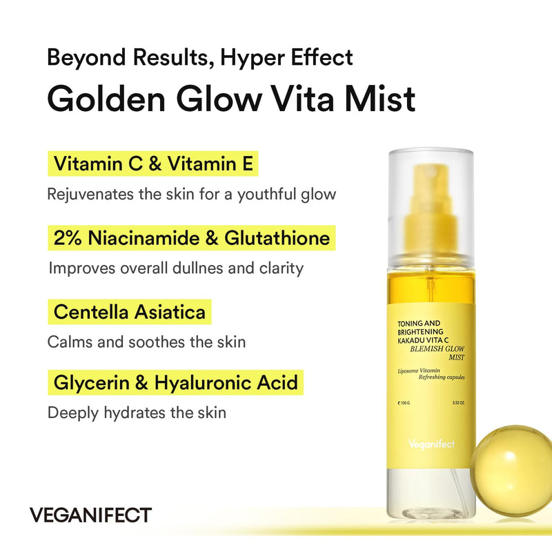 VEGANIFECT Vitamin C Serum Face Mist with Niacinamide & Glutathione | Vitamin C glow face mist with niacinamide, glutathione and Kakadu plum for lightweight hydration and a radiant, dewy finish