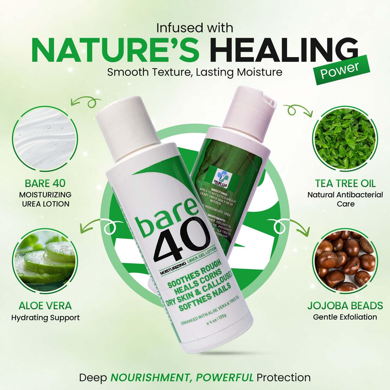 Professional Bare 40 Pro Urea lotion with 40% Urea Cream for feet | Urea Cream for Dry, rough skin, Hydrating & Exfoliating Formula for Dry, Enriched with Tea Tree Oil, Aloe Vera & Jojoba Beads