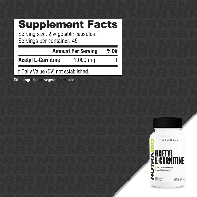 [Australia] - NutraBio Acetyl L-Carnitine (ALCAR) Supplement, 500mg - Support Natural Energy Production, Metabolic Management, and Overall Health, 90 Capsules 90 Count (Pack of 1) 