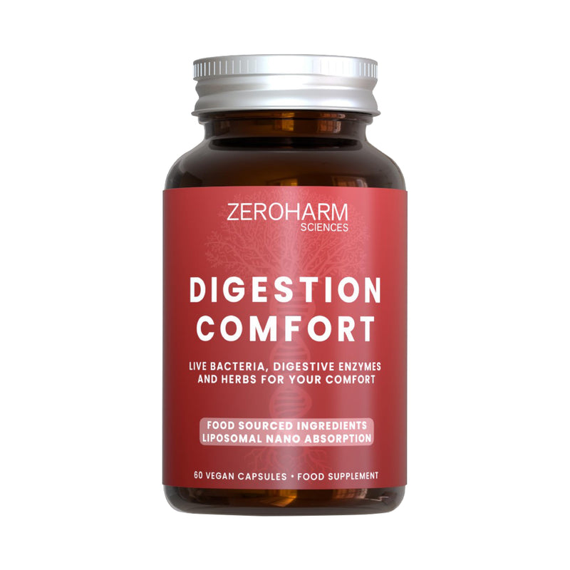ZeroHarm Digestion Comfort – Probiotic & Prebiotic Blend with Enzymes, Amla & Inulin – Gut, Bloating & Digestive Support – Powered by Real Food Ingredients – 60 Vegan Capsules