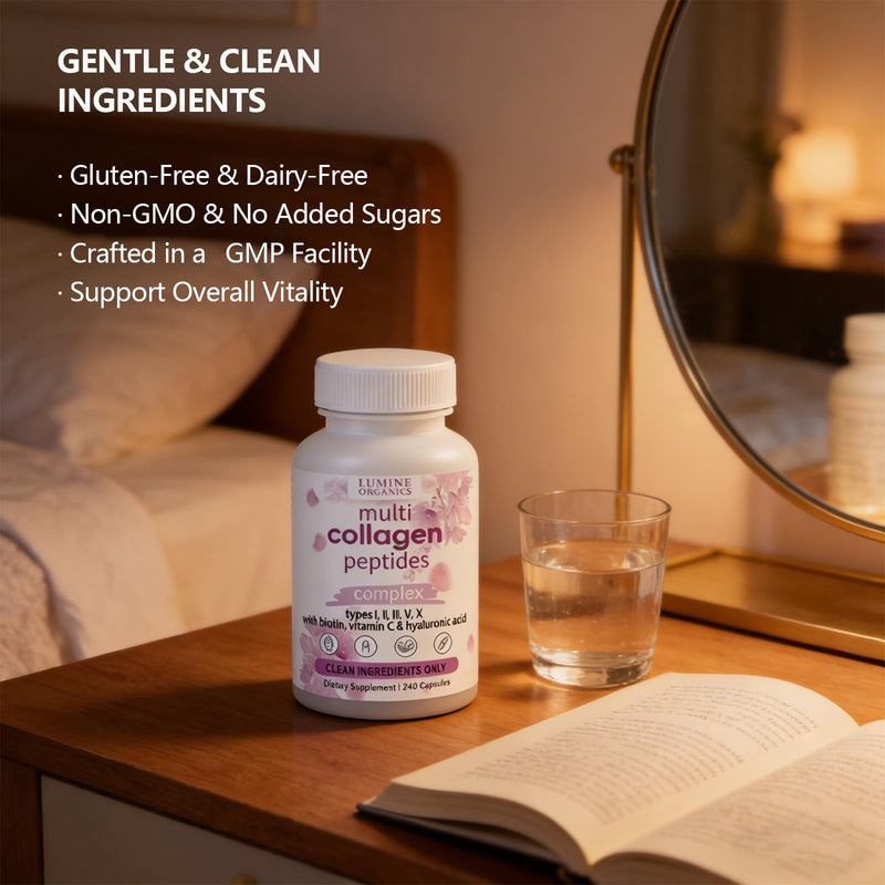 1PCSLumine Organics Collagen, Hydrolyzed Collagen Peptides Capsules,Type I,II,III,V,X with Biotin,Hyaluronic Acid Powder,Vitamin C,Non-GMO,240 Capsules (1PCS)