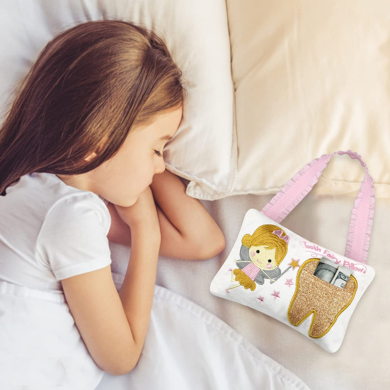 [Australia] - Tooth Fairy Pillow Embroidery Cartoon Fairy Gold Tooth Pocket with Gift Box Tooth Fairy Souvenir Children Gift for Girl Boy (Gold) 
