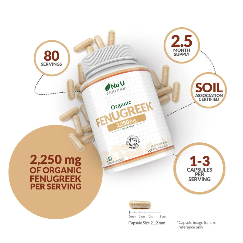 Organic Fenugreek Capsules 2250mg - 240 Vegan Capsules - 100% Pure Fenugreek Powder - Soil Association Certified - Fenu Greek Supplement for Women & Men - Made in the UK - Nu U Nutrition