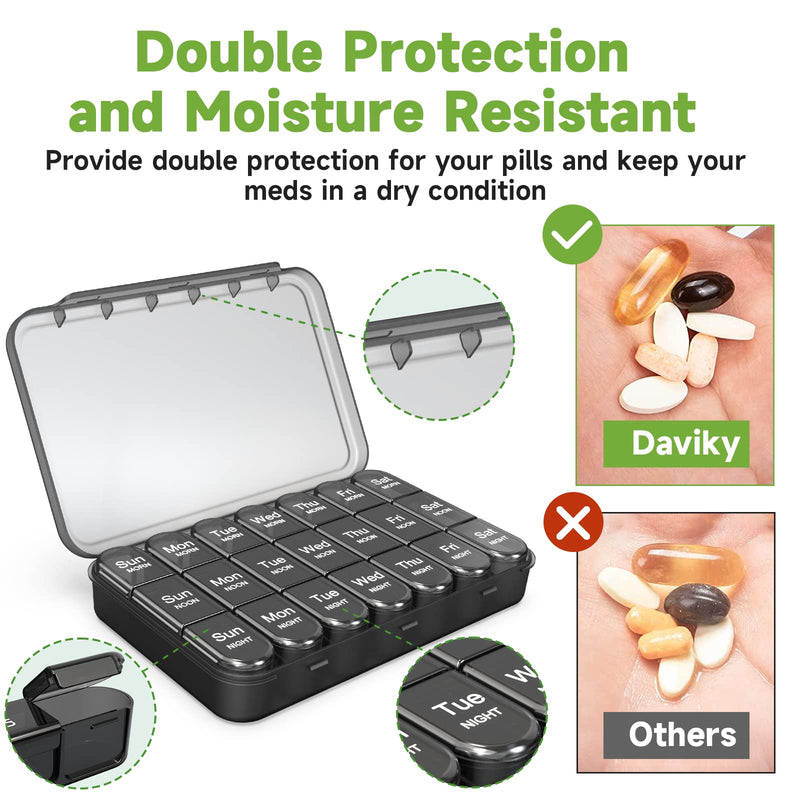 Daviky Weekly Pill Organizer 3X a Day, Travel Pill Box7 Day Light-Proof | Pill Case 3 Times a Day, Easy Open, Arthritis-Friendly, Large Capacity, for Medication, Vitamin, Fish Oil, Supplement, Black