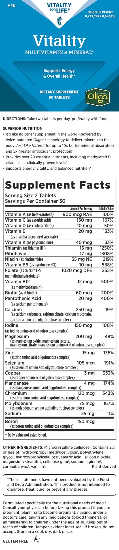 Melaleuca Multivitamin & Mineral Supplement for Men, Powered by Oligo (60 Tablets) Vitality Mens MultiVitamin Supports Energy & Overall Health | Powered by Oligo for maximum absorption. Supports energy & overall health.