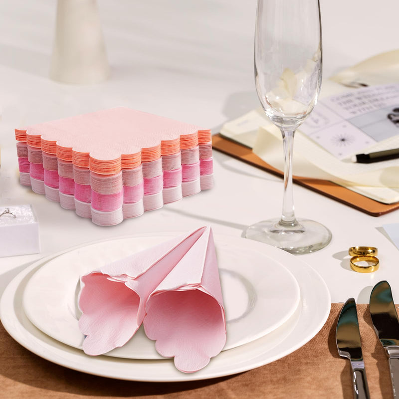 [Australia] - 100 Pink Scalloped Cocktail Napkins, 3 Ply 5 x 5 Inch Beverage Napkins Gradient Color Paper Napkins Disposable Luncheon Napkins for Wedding Birthday Party Bridal Anniversary Baby Shower 