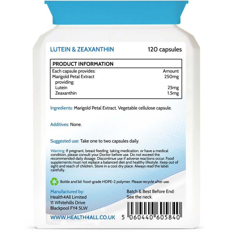 Health4All Lutein and Zeaxanthin Supplement 25mg per Capsule, 120 Capsules 4 Months Supply, Purest Eye Health Marigold Extract Supplement, Natural Eye Vitamins for Vision Care | Made in UK 120 count (Pack of 1)