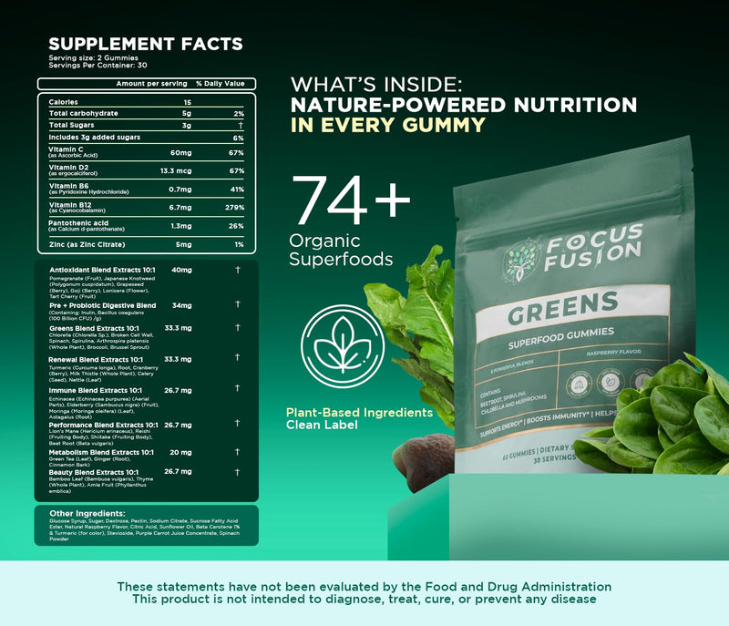 Focus Fusion Supergreen – Superfood Gummies | Organic Greens & Beet Root Gummies with Plant-Based Blend | Daily Plant-Based Supplement with 74 Fruits & Vegetables | Chewable Gummies 1