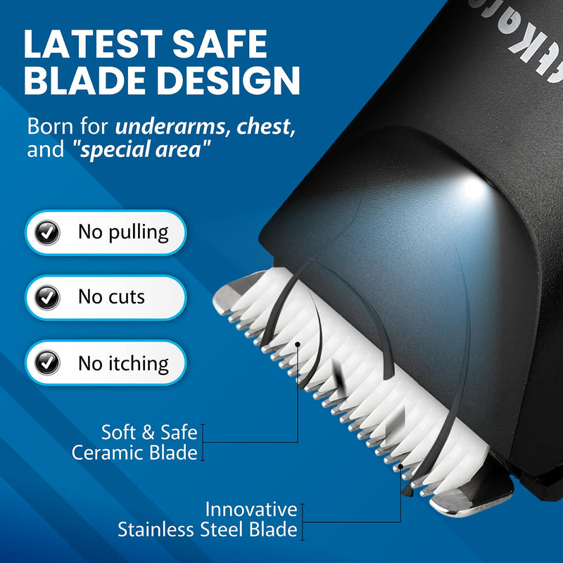 [Australia] - SoftKare Groin Hair Trimmer for Men - Safe Ball Shaver, Replaceable Ceramic Blade Heads & Charging Base, Electric Body Groomer with Light Power Display, Waterproof Wet / Dry Use Male Razor Black 