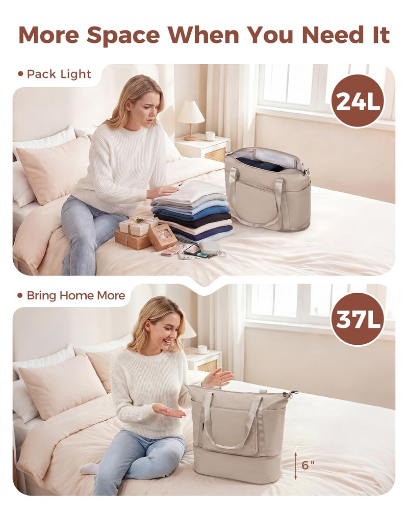 WANDF Foldable Expandable Personal Item Travel Bag for Women Carry On | 18x14x8 inches, Frontier Airline Underseat Fit, Weekend Getaways Khaki