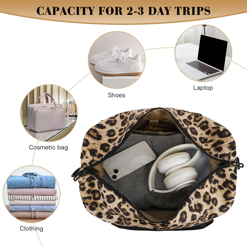 Duffle Bag for Travel Foldable Leopard Print Carry on Travel Bag, Small Medium Weekender Overnight Bags for Women, 40L Waterproof Sport Gym Bag for Men with Computer Compartment (leopard print)