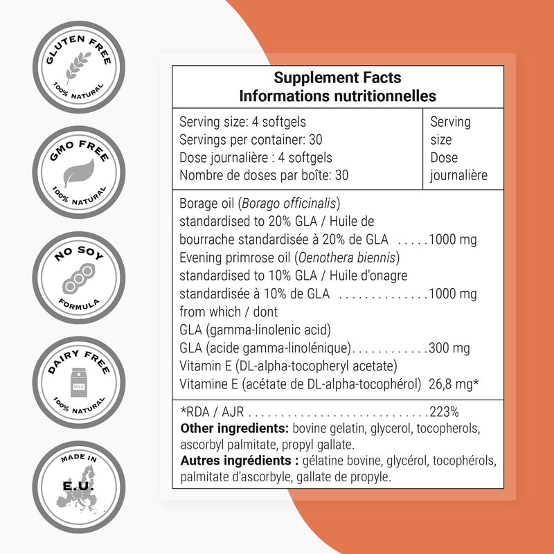 [Australia] - Supersmart - Borage & Evening Primrose (High Potency) - GLA Oil Gamma Linolenic Acid Cold Pressed - with Vitamin E, Borage Oil & Evening Primrose Oil Supplement | Non-GMO & Gluten Free - 120 Softgels 