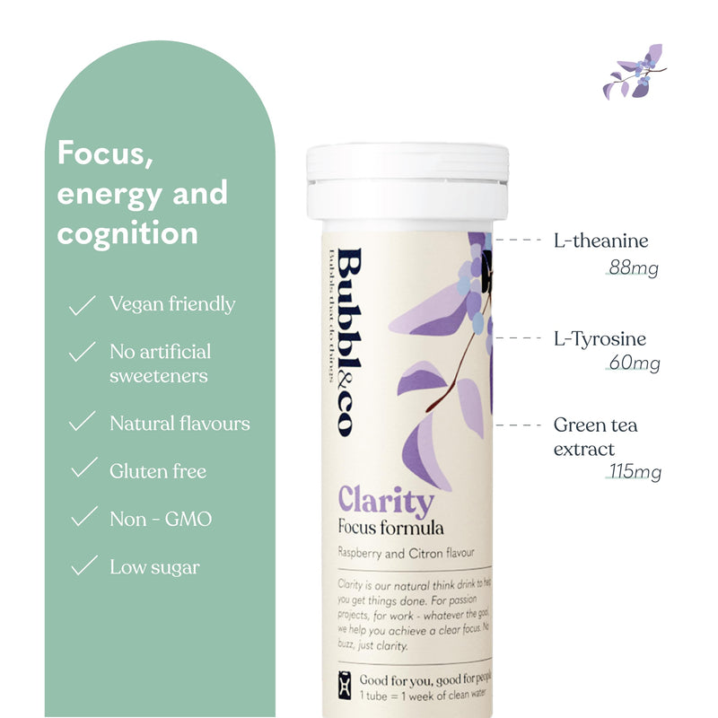 Bubbl & Co Clarity Focus Formula | Clear Focus Without the Crash | Plant extracts, L-theanine, VIT B6, Taurine, L-tyrosine, Natural Caffeine (10 Drinks)