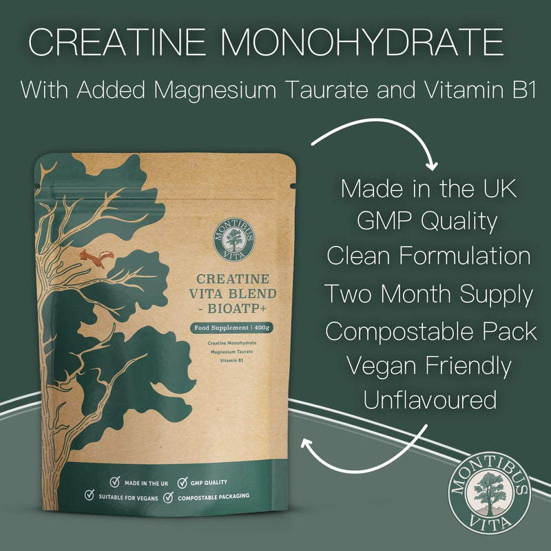 Creatine Monohydrate with Magnesium Taurate & Vitamin B1 | 5g Micronised Creatine | ~56 Servings | Strength, Recovery & Focus | Unflavoured | Vegan | UK Made | Montibus Vita