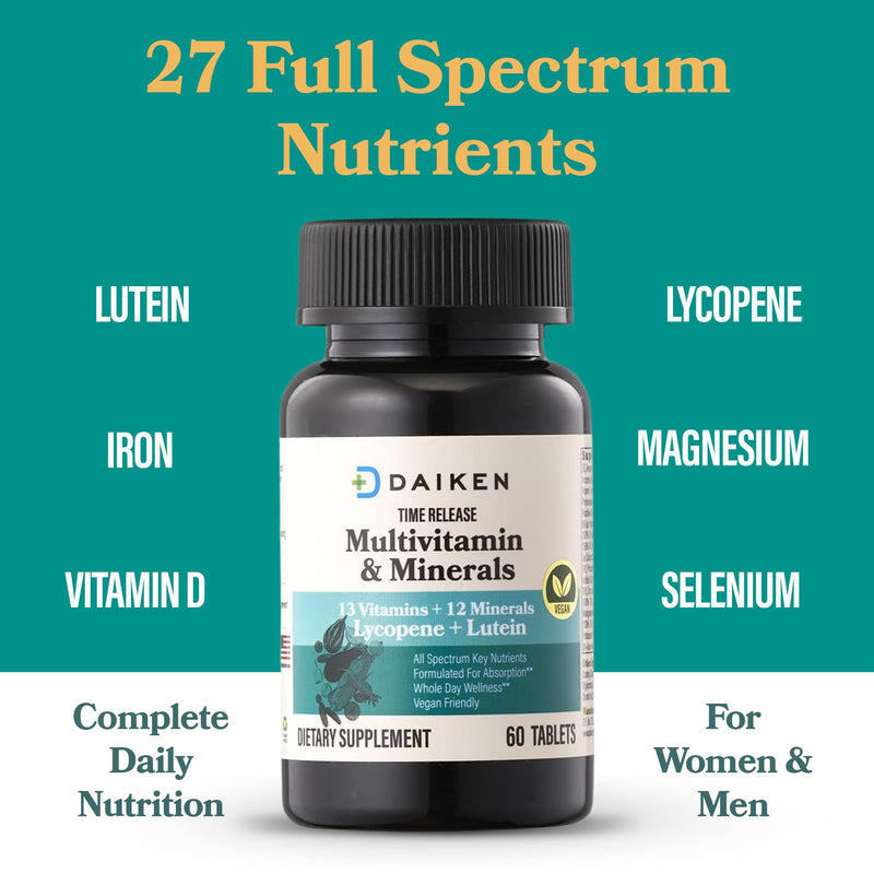 DAIKEN Mini Multivitamin for Women & Men, Time Released, 60 Tablets | Enhanced with Lutein, Lycopene & Folic Acid - Daily Energy & Immune Support - Vegan, Easy to Swallow, Gluten Free, Lab Tested 60 Count (Pack of 1) NEW