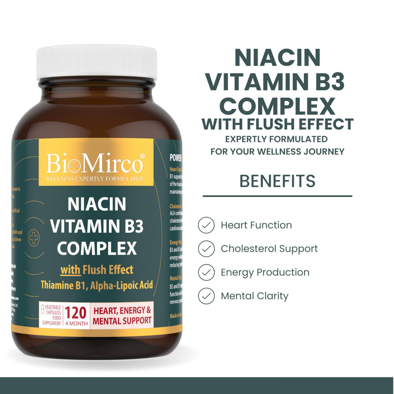 Niacin Supplements with Flush Effect, B3 Vitamin Supplement, Nicotinic Acid, B1 Thiamine, ALA, 120 Capsules, Cognitive Function, Cholesterol, Heart & Energy, 50mg Active Form (niacinamide alternative) Niacin B3 Complex 120 count (Pack of 1)