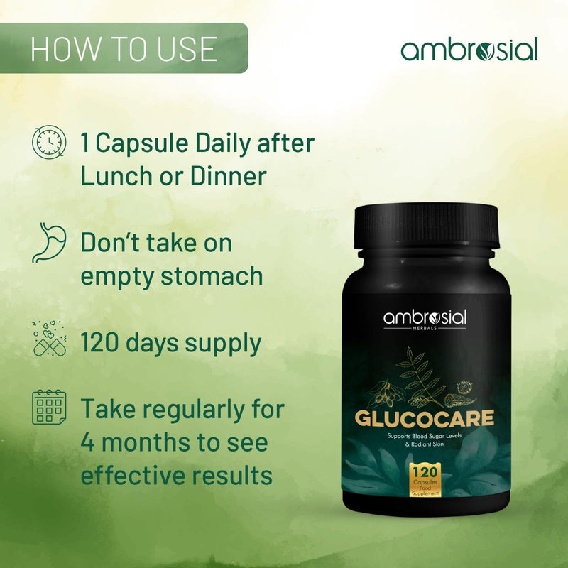 Ambrosial Glucocare | Bitter Melon | Neem | Black Plum (Jamun) | Helps in Balancing Blood Sugar | 100% Natural Ingredients | Pack of 1-120 Capsules
