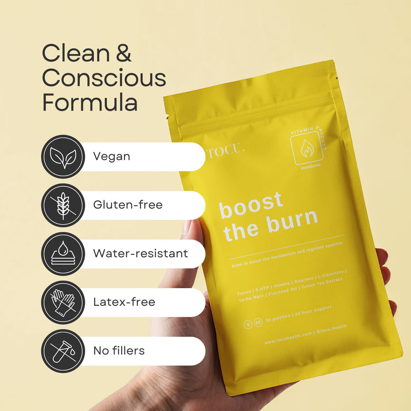 TOCU Boost the Burn Appetite Suppressant Patches | Metabolism Booster with 5-HTP, L-Carnitine & Green Tea | Supports Cravings & Energy | Hypoallergenic & Vegan Friendly | 30 Patches (1 Month Supply)