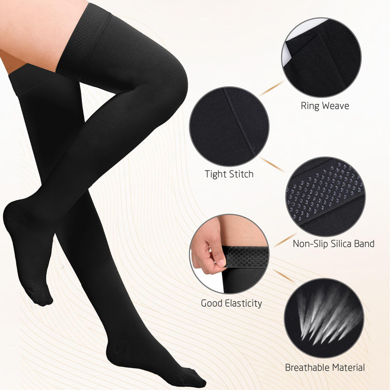 [Australia] - Thigh High 20-30mmHg Compression Stocking, Closed Toe Compression Socks for Women & Men Circulation with Silicone Dot Band-Ideal for Athletic, Medical, Travel Use XL 20-30mmHg,Closed Toe,Black 