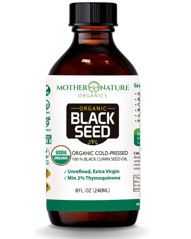 [Australia] - Mother Nature USDA Organic Black Seed Oil, High TQ 2%, Cold Pressed, Unrefined Nigella Sativa, Omega 3 6 9 for Immune, Joint & Heart Support, Hair & Skin, Non-GMO, Glass Bottle (8oz) 8 Fl Oz (Pack of 1) 