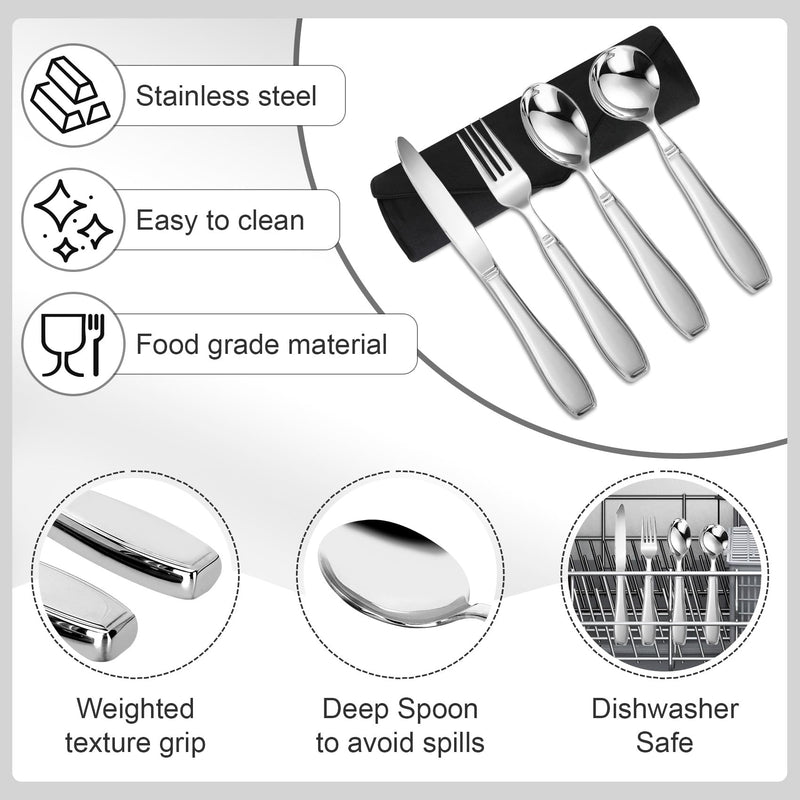 [Australia] - Weighted Utensils for Hand Tremors and Parkinson's Patients - 4 Piece Set of Heavy Stainless Steel Silverware for Elderly, Arthritis, Weak Hand Grip - Includes Knife,Fork,Spoons with Travel Bag,7 Oz 