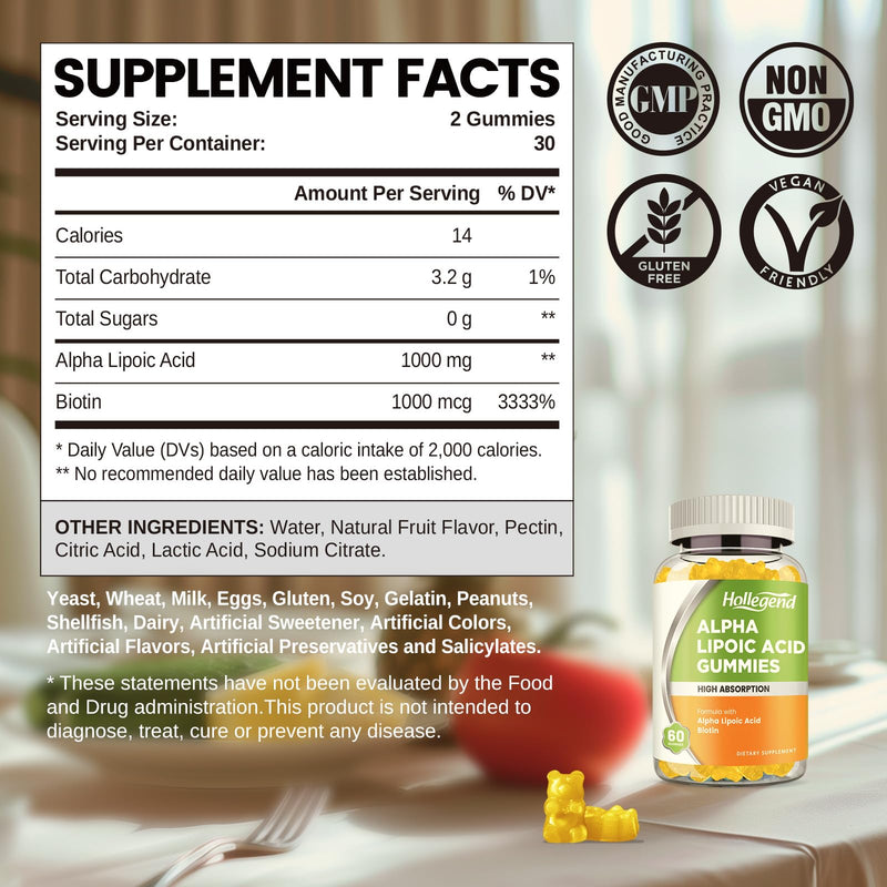 [Australia] - Alpha Lipoic Acid Gummies 1000Mg with Biotin, High Absorption Chewable ALA Supplement for Antioxidant, Brain Health and Nerve Support, Pineapple Flavor, Sugar Free, 60 Chews 60 Count (Pack of 1) 
