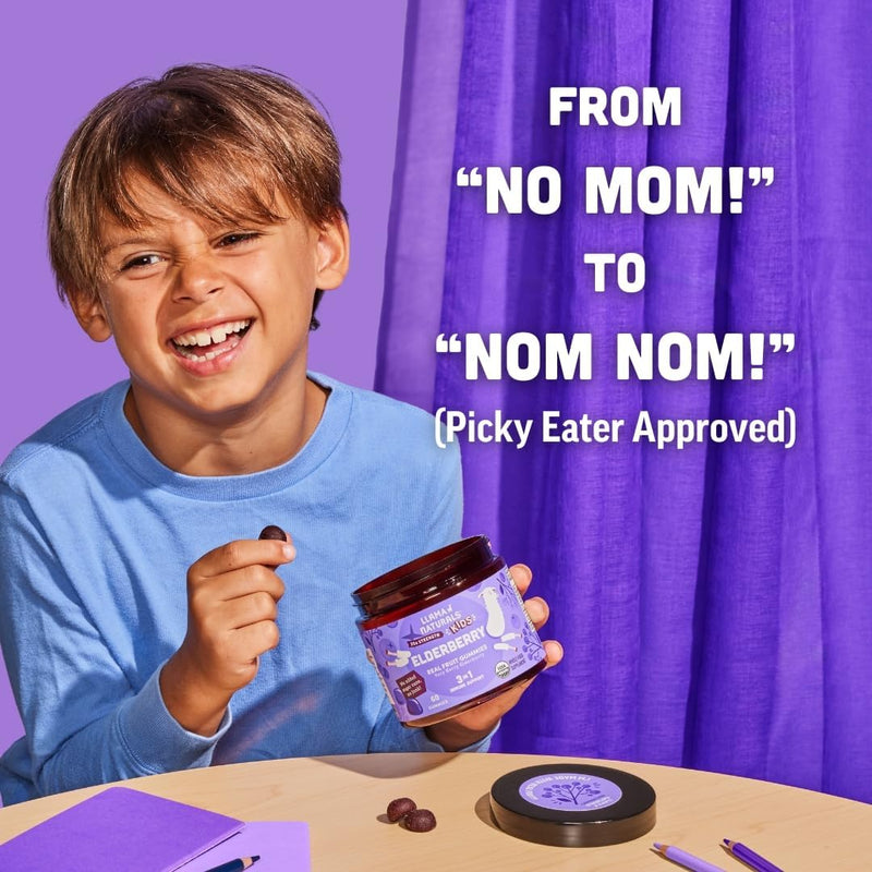 [Australia] - Llama Naturals Elderberry Gummies for Kids, Vegan, Organic Immune Support Supplement with Vitamin C and Zinc, Toddler Real Fruit Gummy Vitamins for Immunity, Chewable, No Added Sugar Cane, 60 Ct Kids Elderberry 60 Count (Pack of 1) 