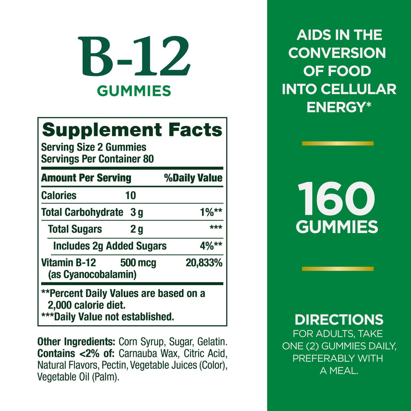 Nature's Bounty Vitamin B12 Gummies, Dietary Supplement, Supports Energy Metabolism and Nervous System Health, Mixed Berry Flavor, 500mcg, 160 Count (Pack of 2) 160 Count (Pack of 2)