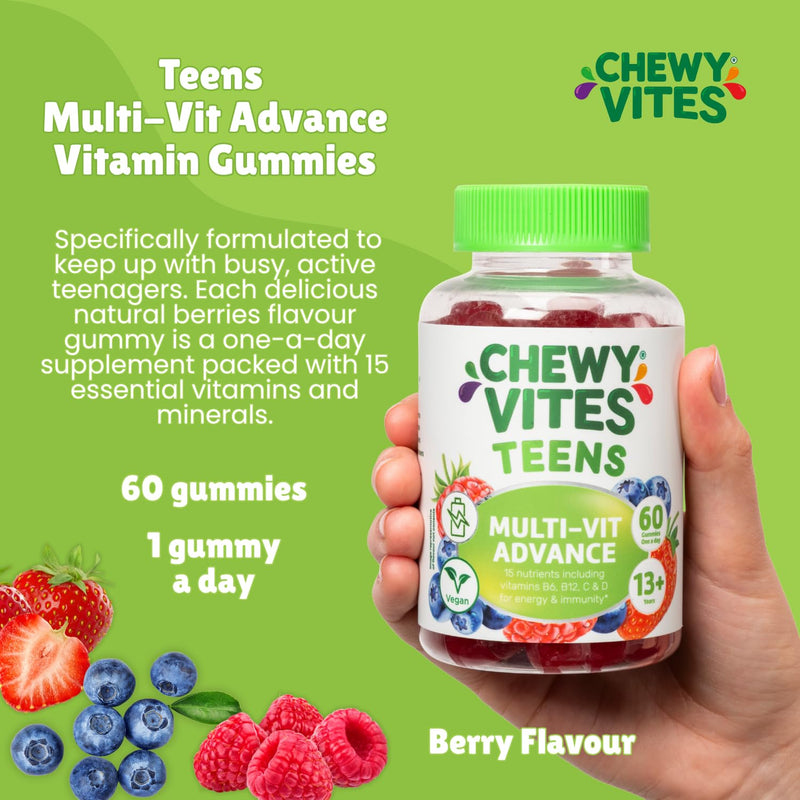 Chewy Vites Teens Multi-VIT Advance, 60 Vitamin Gummies, Teen Vitamins Gummies with 15 Essential Nutrients, 2 Months Supply, Real Fruit Juice, Vegan, Berry Flavour, for Energy and Immunity