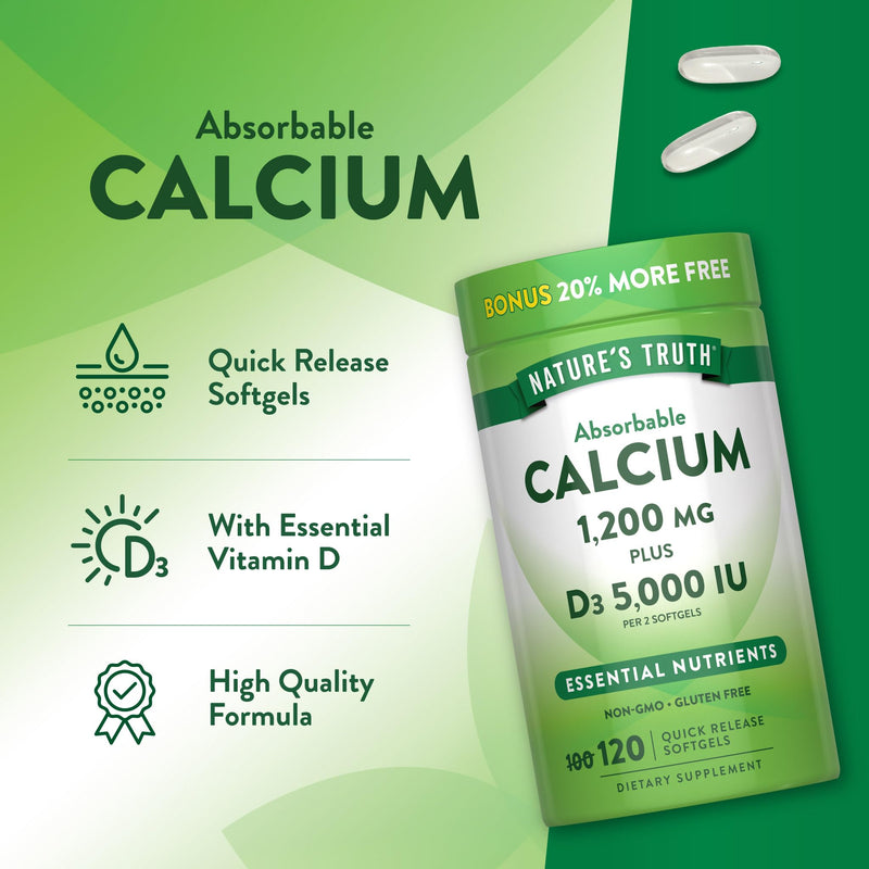 Nature's Truth Absorbable Calcium | 1200 mg | with Vitamin D3 5000 IU | 120 Softgels | Calcium Carbonate | Non-GMO & Gluten Free Supplement 120 Count (Pack of 1)