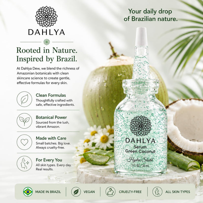 Dahlya Dew Hydrating Face Serum for Dry Skin - Hyaluronic Acid, Aloe Vera, Green Coconut & Vitamin E - Fine Lines & Dehydrated Skin - Brazilian Skincare, All Skin Types, 1 fl oz (30ml)