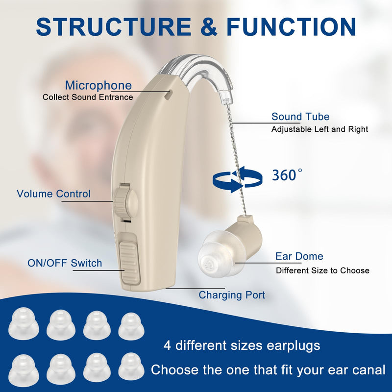 Rechargeable Hearing Amplifier for Adults with Smart Noise Reduction, BTE Hearing Amplifier for Seniors with Natural Sound, Charging Box Indicating Remaining Power(Brown)
