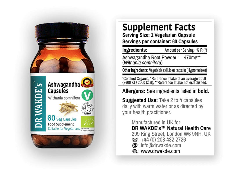 DR WAKDE’S Organic Ashwagandha Capsules (Withania somnifera), 60 Veg Caps, Plant-Based Supplement, Made in UK, Vegan, All Natural
