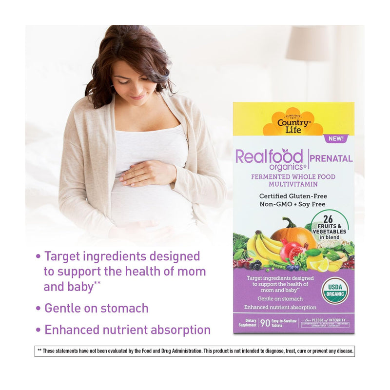 Country Life Realfood Organics Prenatal Multivitamin, 90 Talets | Designed to support the health of mom and abby with a gentle-on-thestomach whole food formula