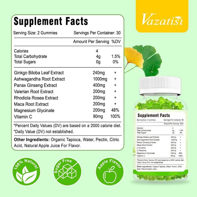 [Australia] - 2 Pack Ginkgo Biloba Gummies with Panax Ginseng Maca Root for Better Mood & Focus,Traditional Energy Booster and Brain Health, Ginkgo Biloba Supplements Vegan, Non-GMO, Natural Apple Flavor 60 Count (Pack of 2) 