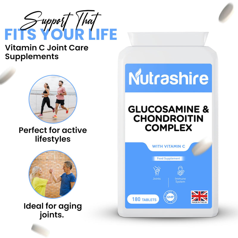 Glucosamine and Chondroitin High Strength Complex 180 Tablets - Vitamin C Joint Care Supplements for Cartilage, Bones, Fatigue & Immune Support – Made in the UK